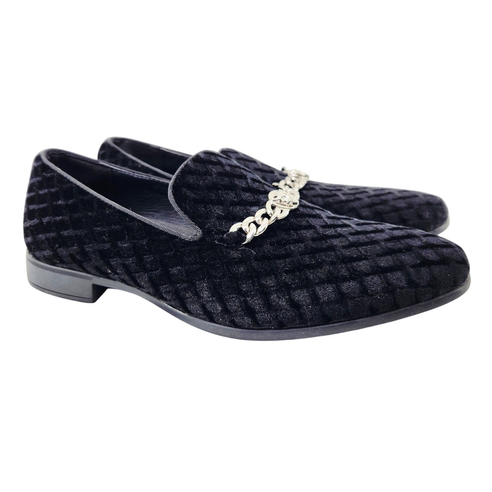 Hugo Vitelli Men Size 9.5M Black Quilted Velvet Loafers Silver Lion Chain 055292